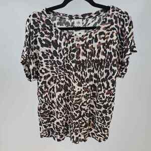 Cabi 3414 T-Shirt XS Leopard Print Cropped Boxy Fit Short Cuffed Sleeve Brown